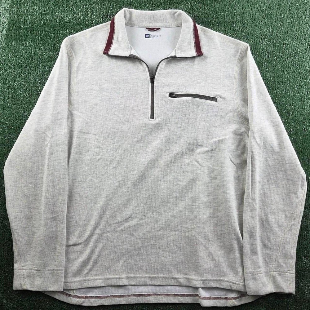 Gap Athletic Fit Mens Large Gray Quarter Zip Pullover Sweater Burgundy Trim L